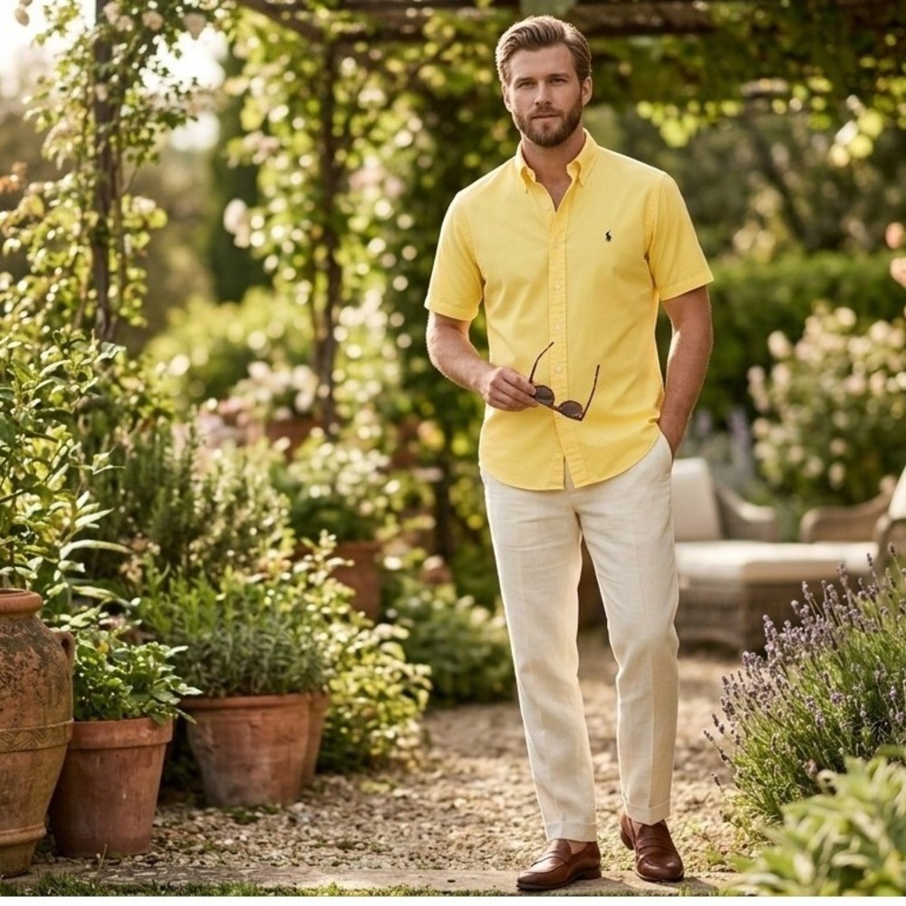 Ralph Lauren Blake Mens Large Yellow Short Sleeve Button Down Shirt Cotton Pony